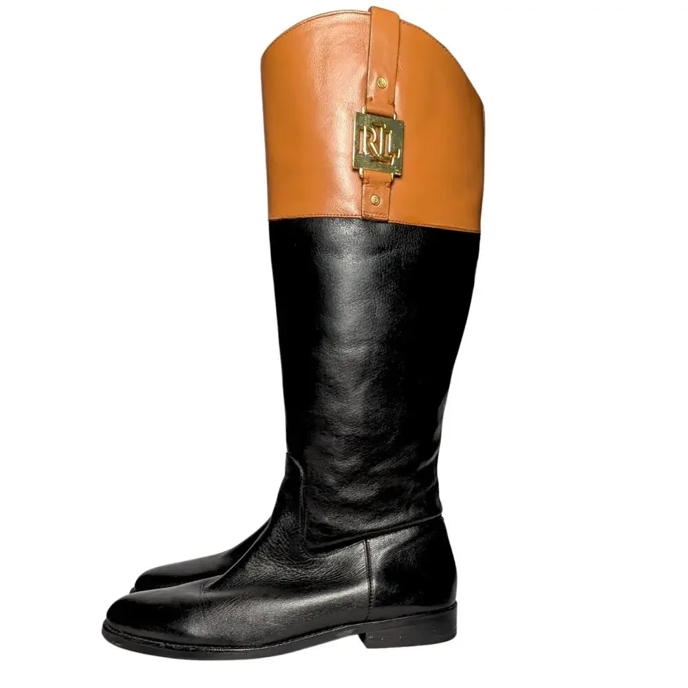 Ralph Lauren Two-Tone Leather Knee-High Riding Boots – Size 8.5